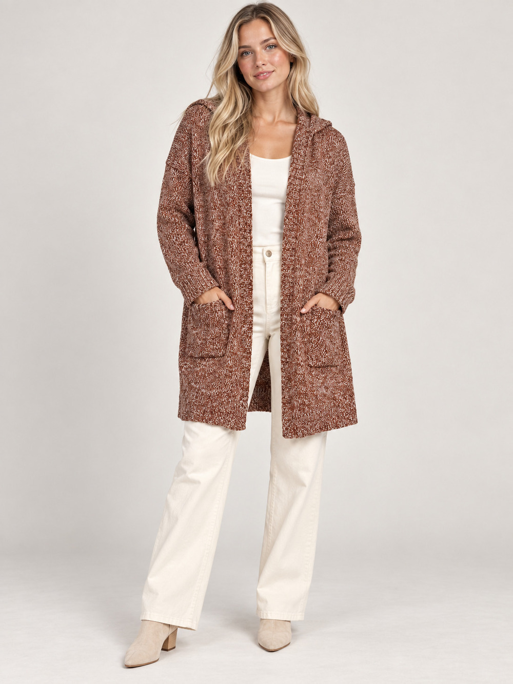 Tahari Hooded Cardigan Rust Brown Marled Cotton Blend L #A4873
